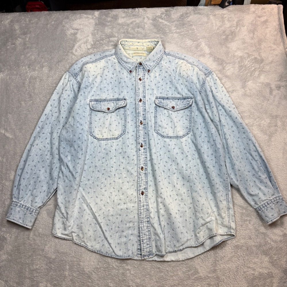 Vintage St Johns Bay Denim Shirt Mens XLT Blue Paisley Faded Distressed 90s